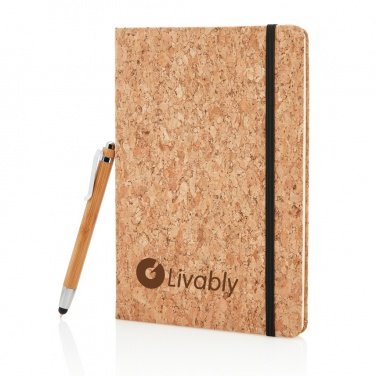 Logotrade Geschäftsgeschenke das Foto: Kork A5 Notizbuch mit Bambus Stift und Stylus