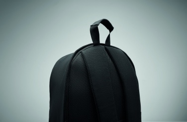Logotrade Geschäftsgeschenke das Foto: Ein 15-Zoll-Laptop-Rucksack aus recycelter Baumwolle (Pre-Consumer) und recyceltem Polyester mit individuell anpassbarem Druck