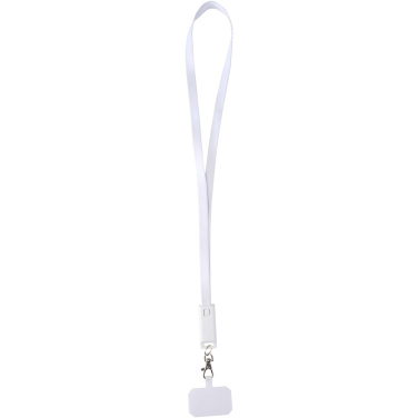 Logotrade Firmengeschenke das Foto: Franz 5 in 1 Lanyard Kabel aus recyceltem Kunststoff für Smartphones mit integrierter Datensynchronisierung und 65 W Schnellladefunktion