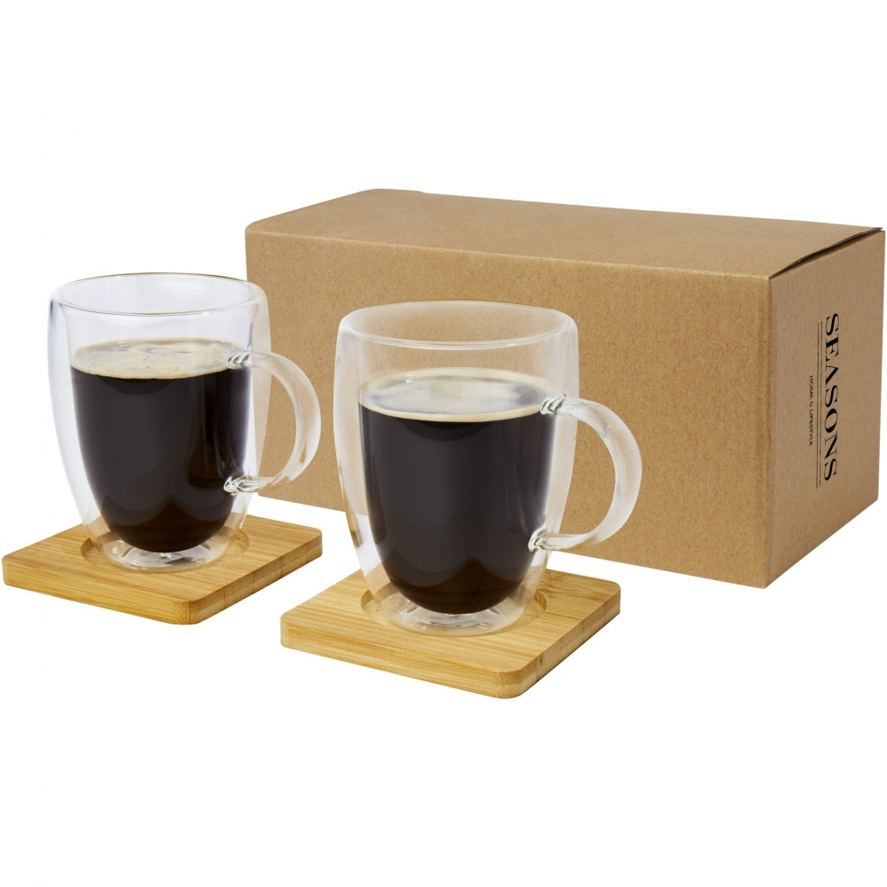 Logo trade advertising product photo of: Manti 2-piece 350 ml double-wall glass cup with bamboo coaster 