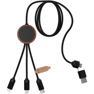 Logotrade corporate gift image of: SCX.design C37 5-in-1 rPET light-up logo charging cable with round wooden casing