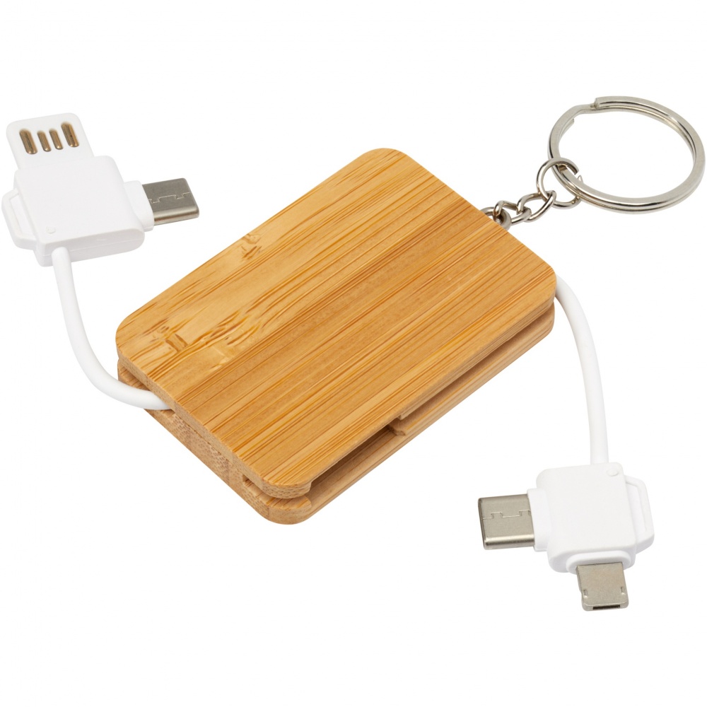 Logotrade promotional product picture of: Reel 6-in-1 retractable bamboo key ring charging cable