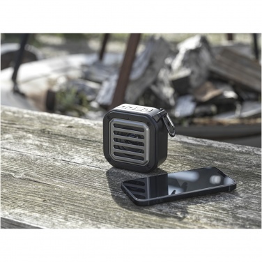 Logotrade advertising product picture of: Solo 3W IPX5 RCS recycled plastic solar Bluetooth® speaker with carabiner 