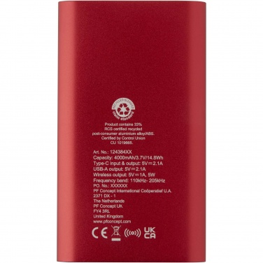 Logotrade promotional giveaway image of: Juice 4000 mAh Type-C recycled aluminium wireless power bank 
