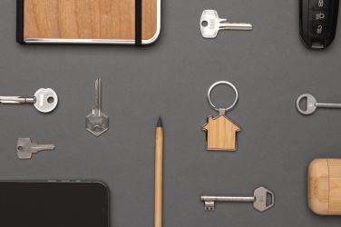 Logotrade promotional item image of: RCS recycled zinc alloy house keychain with bamboo