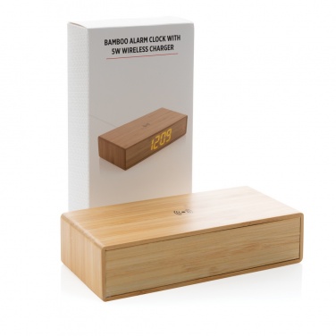 Logo trade business gifts image of: Bamboo alarm clock with 5W wireless charger