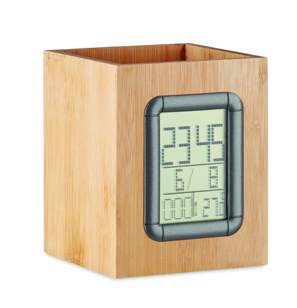 Logo trade promotional product photo of: Bamboo pen holder and LCD clock