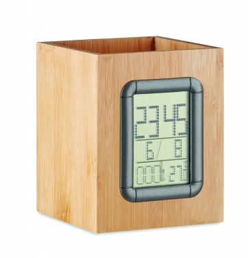 Logo trade promotional products image of: Bamboo pen holder and LCD clock