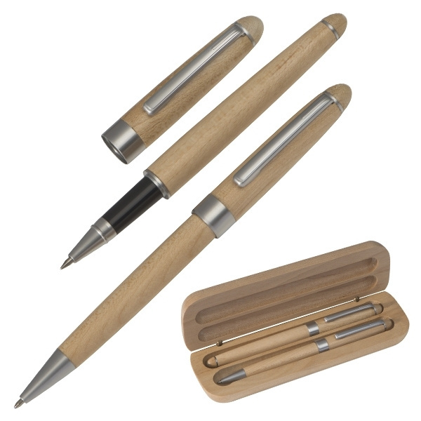 Logo trade promotional merchandise picture of: Wooden writing set ballpen and roller INDIANAPOLIS
