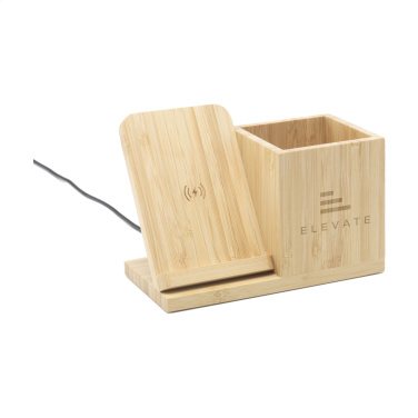 Logo trade corporate gifts picture of: Bamboo Boss 15W charger/pen holder