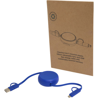 Logotrade promotional products photo of: Alasia 5-in-1 100 cm recycled plastic and aluminium retractable data sync and 45W fast charge cable
