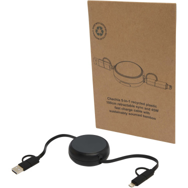 Logo trade promotional giveaways image of: Alasia 5-in-1 100 cm recycled plastic and aluminium retractable data sync and 45W fast charge cable