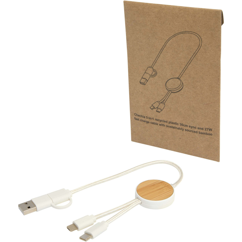 Logo trade promotional giveaway photo of: Chechia 5-in-1 recycled plastic 30 cm data sync and 27W fast charge cable with bamboo details