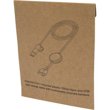 Logo trade advertising products image of: Chechia 5-in-1 recycled plastic 150 cm data sync and 27W fast charge cable with bamboo details
