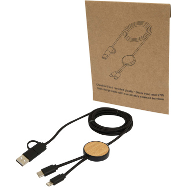 Logo trade business gifts image of: Chechia 5-in-1 recycled plastic 150 cm data sync and 27W fast charge cable with bamboo details