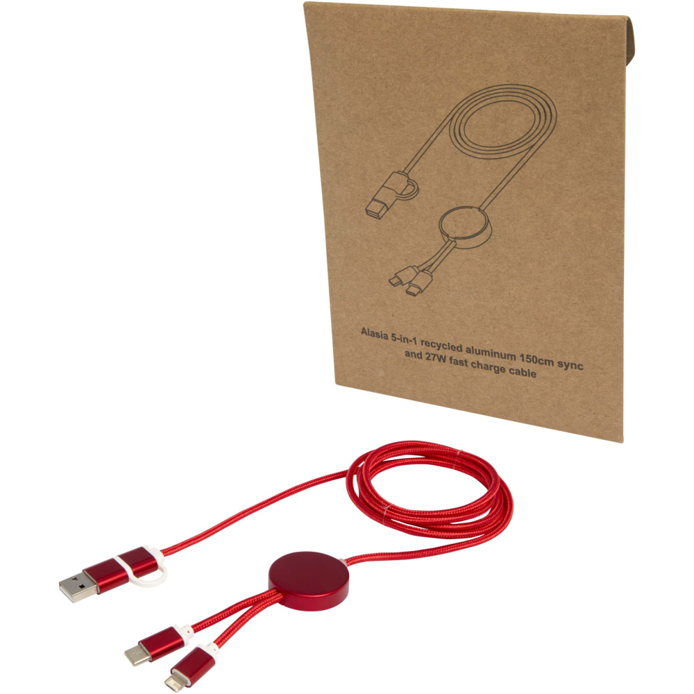 Logotrade business gifts photo of: Alasia 5-in-1 recycled aluminium and plastic 150 cm data sync and 27W fast charge cable