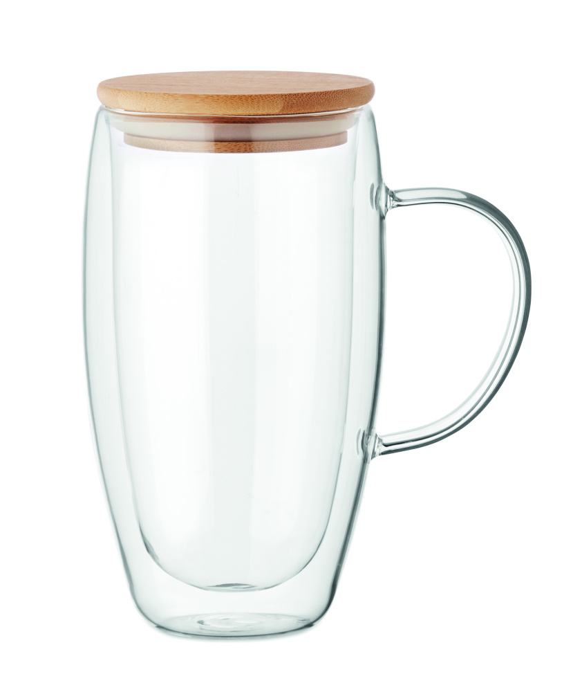 Logotrade ärikingituse foto: Topeltseinaga klaasist kruus kaanega 450ml