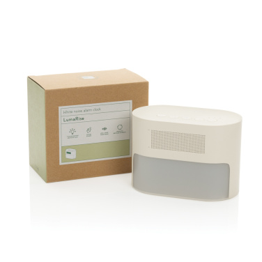 Logo trade mainoslahja ja liikelahja tuotekuva: LumaRise RCS -herätyskello, valkoinen kohina, kierrätysmuovi