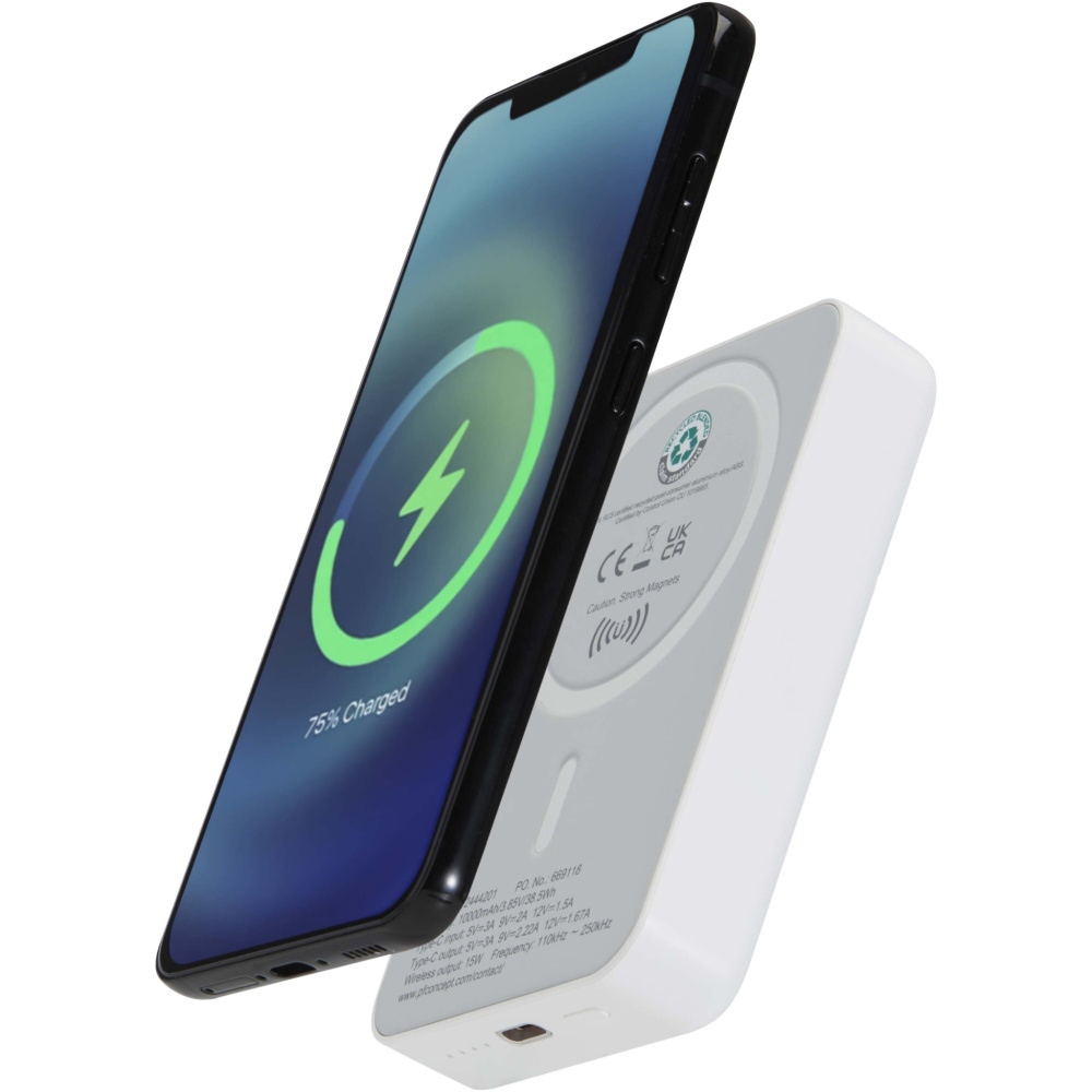 Logotrade verslo dovanos nuotrauka: „Acrab“ 10 000 mAh 15 W magnetinė belaidė išorinė baterija su 20 W PD – pagaminta iš perdirbto plastiko