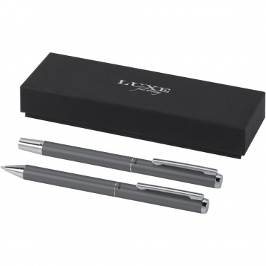 Logotrade presentreklam bild: Lucetto presentförpackning med kulspetspenna och rollerballpenna i återvunnen aluminium