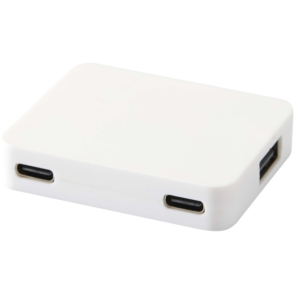 Logotrade kampanjprodukter bild: Gaia 4-portars USB-hubb med USB-A- och Typ-C-utgång och dubbla ingångar – tillverkad av återvunnen plast